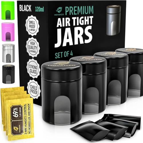 Premium Airtight Glass Storage Jars 120ml with 69% Humidity Control 4 Packs - UV Air Tight Jars with Child-Resistant Lid - Airtight Jar Container, Air Tight Storage,Storage Jars for Herb/Spice - color: Black, size: 120 ML - 4Pcs
