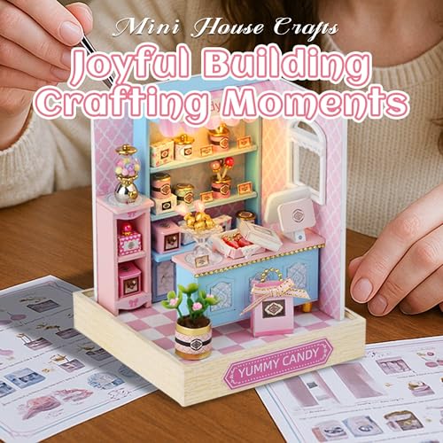 Kisoy Dollhouse Miniature with Furniture Kit, DIY 3D Wooden DIY House Kit with Dust Cover,Handmade Tiny House Toys for Teens Adults Gift (Yummy Candy) - color: Yummy Candy