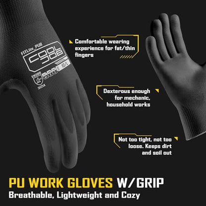 COOLJOB 60 Pairs Safety Work Gloves Pack Bulk with Grip PU Coating - color: Black, size: Large (Pack of 60)