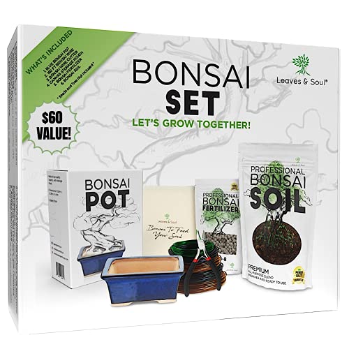 Leaves & Soul Bonsai Starter Kit for Bonsai Tree Complete Set for Beginners | Includes Blue Bonsai Pot, Professional Soil, Fertilizer, Bonsai Wire Kit, Cutter & Storage Pouch for Everyday Bonsai Care - color: Blue