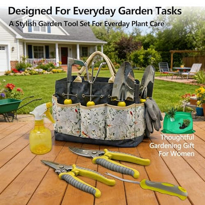 11-Piece Stainless Steel Gardening Tool Set with Floral Tote Bag