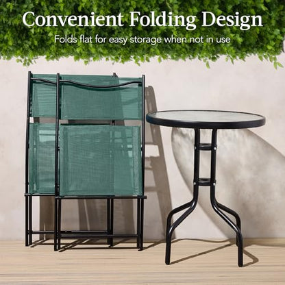 Best Choice Products 3-Piece Patio Bistro Dining Furniture Set w/Textured Glass Tabletop, 2 Steel Folding Chairs, Polyester Fabric - Dark Green - color: Dark Green