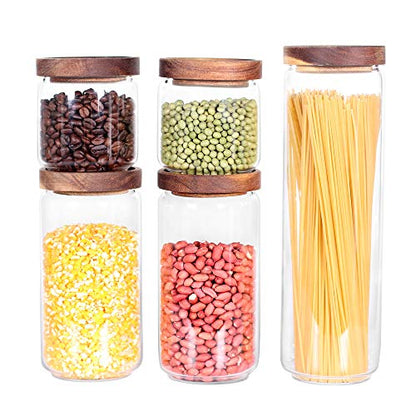 Glass Canisters Set of 5 for the kitchen, Glass Storage Container jars with Airtight Acacia Lid for Coffee Beans, Flour, Sugar, Rice and Spaghetti and etc - color: Clear Glass - Acacia Lids (Set of 5)