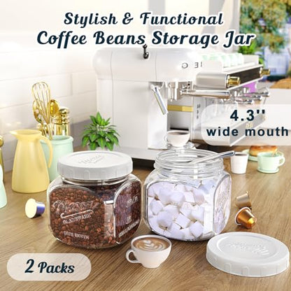 Glass Cookie Jar with Airtight Lid, 2 Pack 64 Oz Canning Jars | Half Gallon Mason Jar Wide Mouth for Food Storage, Flour, Sugar, Pasta, Sourdough - Square Glass Storage Container with Scale - color: 64oz-Square-2 Pack-Screw Lid