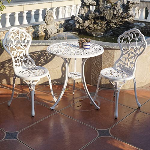 KAILI Patio Bistro Sets 3 Piece cast Aluminum Patio Furniture Outdoor Garden Metal Rust Proof Tables and Chairs White bisrto Set (Leaf-White) - style: leaf-white