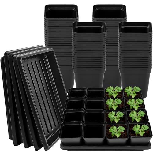 2.6in 100 Pcs Square Nursery Pots with 5 Pcs Plastic Seed Starting Trays | Plant Propagation Starter Kit with Drain Hole Pots for Seed Starting, Seedlings, Cuttings, Flowers and Vegetables - size: 2.4in-100pcs