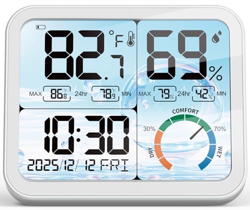 5.8'' Digital Indoor Thermometer Hygrometer, Temp Humidity Monitor & Clock - color: White