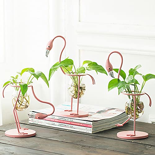 Hydroponics Planter Bulb Vase for Plants, Pink Flamingo Propagation Glass Vase for Home Office Desk Decor (Pink, Leg Lift)