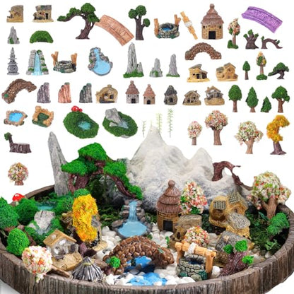 58 Pcs Miniature Garden Set Fairy House Bridge Rockery River Diorama Supplies Mini Terrarium Figurines Fairy Village Micro Landscape Ornament Model Trees for DIY Garden Decor Succulent Dollhouse Craft