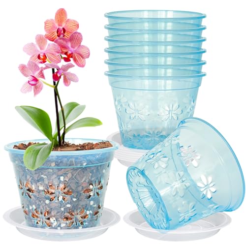 Orchid Pot, 4''(top Diameter) x 3.1''H 8 Pack, 4 5 6 7 8 inch Clear Orchid Pots with Holes & Saucers - Ideal for Repotting, Drainage & Healthy Growth(4'' Blue) - color: Blue, size: 4'' x 3.1'' (8 pack)