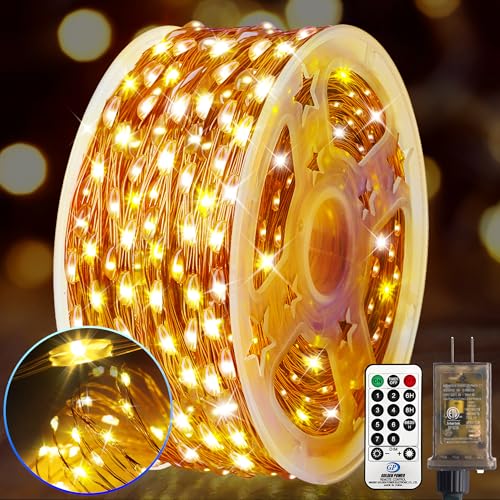 KNONEW 532FT 1600LED Outdoor Fairy Lights Plug in Warm White Xmas Decor | Timer, Memory, Dimmable, Remote, Waterproof, Copper Wire, Flexible, for Garden, Wedding, Party, Indoor/Outdoor, Christmas - color: Warm White, size: 532FT 1600 LED Copper-colored wi