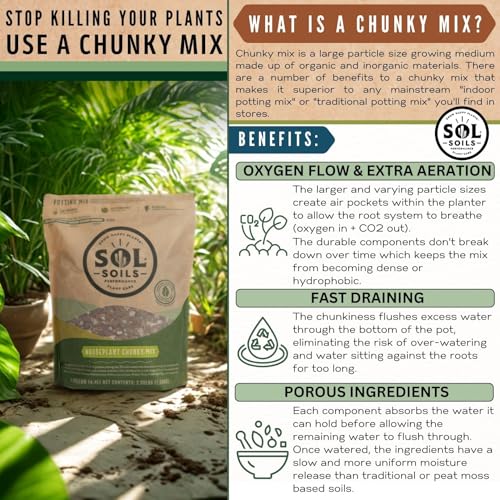 Sol Soils Chunky Houseplant Mix - Fast Draining Soil for Indoor Plants with Coco Coir Chips, Perlite, & Pumice, 2 Quart