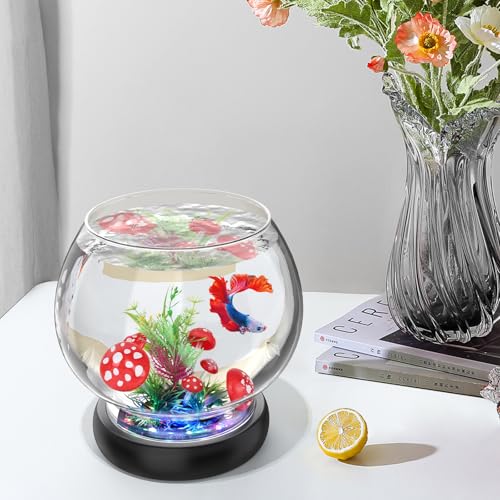 hygger 0.5 Gallon/1 Gallon Glass Fish Bowl with LED Light and Decor, Small Round Betta Fish Tank Goldfish Bowl, Round Clear Unbreakable Aquarium/Vase/Hydroponic Plant Terrarium, Nice Centerpieces - size: 0.5 Gallon Fish Bowl with Mashroom