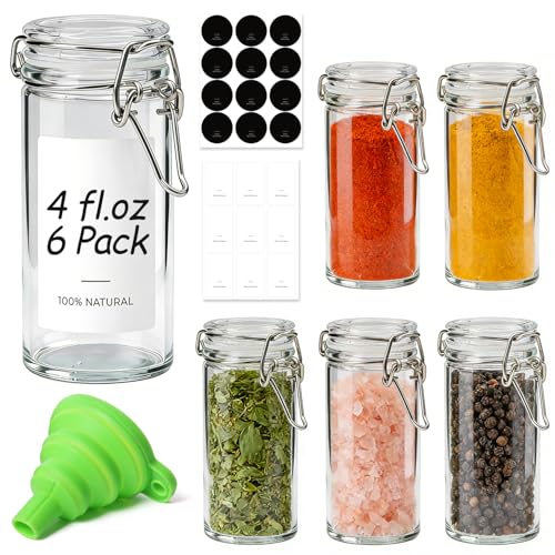 ComSaf Small Glass Spice Jars with Airtight Lids 4oz 6 Pack with Labels | BPA-free food-grade glass, airtight lid, spice & herb storage, 4 oz tea jars, label rack fit - size: 4oz*6