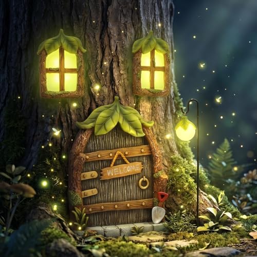 Fairy Door Windows for Tree: Outdoor Glowing Resin Decor | Elf Gnomes Tree House Garden Set - Resistant to Sun Water and Fading - Garden Decoration Enthusiasts