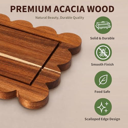 1 Pack Acacia Wood Cake Stand with Lid 16.3" x 7.2" Large Scalloped Rectangular Cake Holder 2-in-1 Charcuterie Board Acacia Wood Dessert Display with Acrylic Cover for Birthday Weddings Party