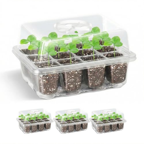 3-Pack Seed Starter Trays, Seed Starter Kit with Adjustable Humidity Dome and Base Indoor Greenhouse Mini Propagator for Seeds Growing Starting (12 Cells Per Tray, Clear)