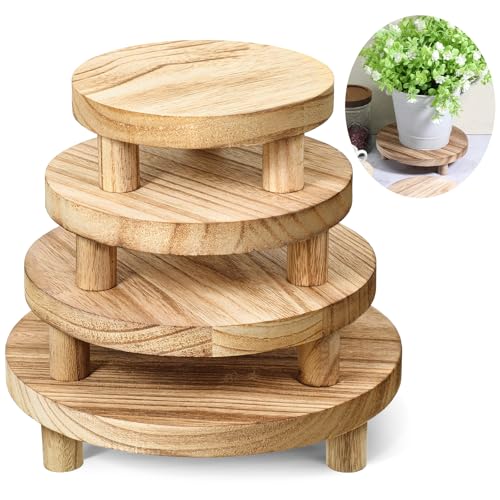 4 PCS Wooden Risers for Display, Wood Stool 8/7/6/5 Inch Flower Pot | Round Pedestal Stand, Mini Rustic, Tiered Tray Riser, Small Planter Holder, for Home Kitchen Desktop, Counter Room