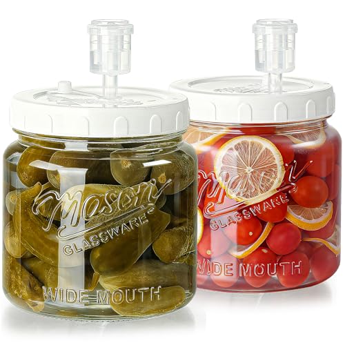 2 Pack Fermentation Jars with 3 Airlocks, Half Gallon Glass Jars | 64 oz Wide Mouth Mason Jar, Airtight Lid, Scale Line, Kimchi Containers for Pickling, Mead Making, Sourdough and Food Storage