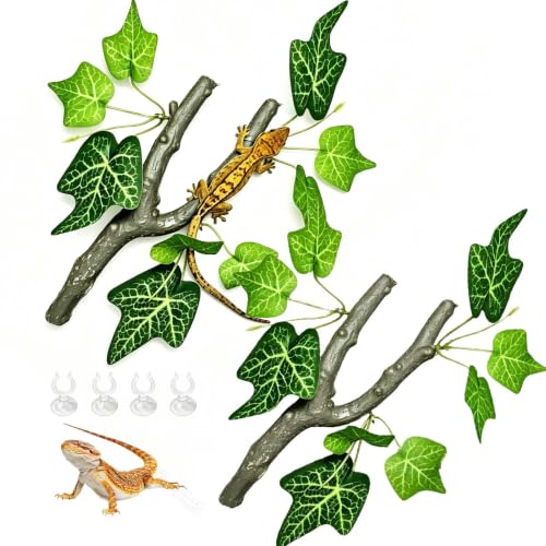 2Pcs Reptile Fake Plants for Terrarium Decor, Reptile Corner Branch with Leaves Artificial Snake Plant Bearded Dragon Tank Accessories for Gecko Lizard Chameleon Ball Python (Sweet Potato Vine)