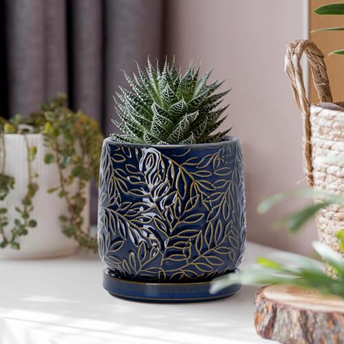 D'vine Dev Embossed Leaves Ceramic Planter, 4 in, Midnight Blue, 27-A-Z-3 - color: Midnight Blue, size: 4 Inch