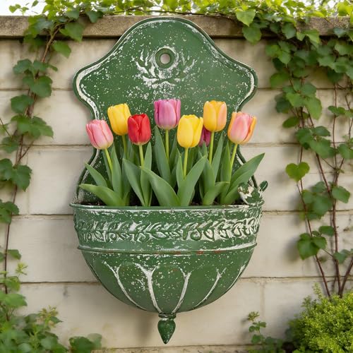 Vintage Rustic Wall Planter Distressed Decor Iron Hanging Plant Basket Shabby Metal Wall Mounted Flower Holder Pot Stand for Indoor Outdoor Home Balcony Patio Farmhouse Garden Decorative Green - color: Green