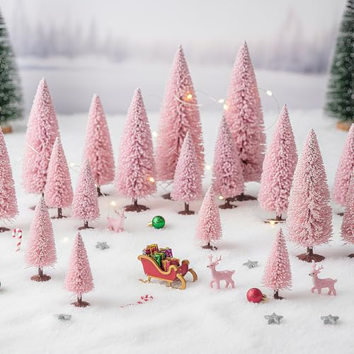 Skylety 20 Pcs Christmas Model Trees 4.72-2.17 Inch Pine Mixed Miniature Trees Small Artificial Cedar Plant for Train Scenery Architecture DIY Crafts Winter Building Model Scenery Landscape(Pink) - color: Pink
