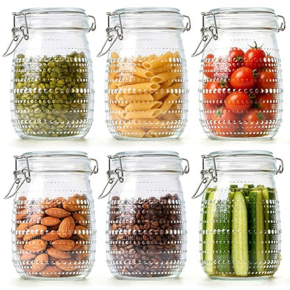 ComSaf Glass Pantry Jars with Airtight Lids 34 oz 6 Pack Wide Mouth Hobnail | Coffee beans sugar, Snacks pasta, Pickling fermenting, Pantry organization, Clear body, Countertop storage, Dry goods - size: 34 fl oz/6pcs