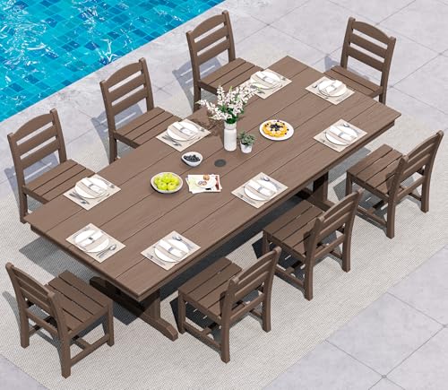 SERWALL 9Pcs 84" HDPE Outdoor Dining Set for 8 with Armless Chairs,Brown - color: Brown, size: 9-Piece (1 Table + 8 Armless Chairs)