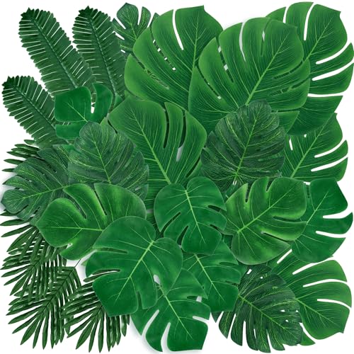 Sggvecsy 48 Pieces 6 Kinds Artificial Tropical Palm Leaves Tropical Leaves Monstera Leaves Safari Jungle Leaf with Stems for Hawaiian Luau Party Beach Table Wedding Shower Birthday Theme Decorations - size: 48 pcs