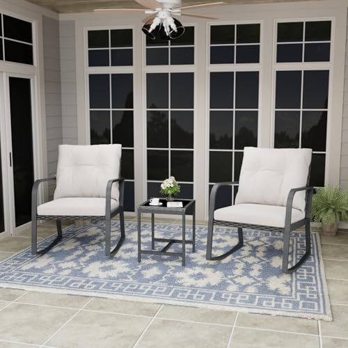 Bistro 3 Piece Patio Furniture Set, Patio Table and Rattan Outdoor Rocking Chairs Set of 2, Outdoor Bistro Conversation Set for, Garden, Balcony, Poolside, Backyard, Beige - color: Beige