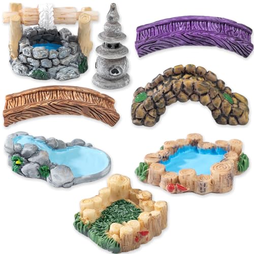 8PCS Mini Water Pool Landscape Resin Figurines, Miniature Lake Lighthouse Stone Bridge Lantern Pond Well Outdoor Sculptures for Fairy Garden Bonsai Dollhouse Micro Landscape Crafts Home Decoration - color: 8 Styles Pool Theme
