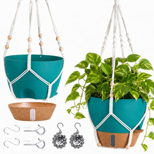 10 Inch Self Watering Hanging Planters for Indoor Plants, 2 Pack, Turquoise | Hanging Baskets Flower Pots with Drainage Holes, Visual Reservoir, Metal Chain & Macrame Plant Hangers for Outdoor - color: Turquoise, size: 10 Inch