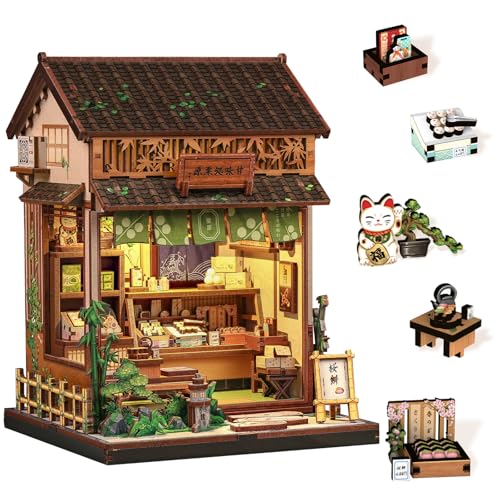 Book Nook Kit - DIY Miniature House Kit, Japanese Wagashi Shop, 3D Wooden Puzzle with LED Lights, Tiny House Decorative Bookshelf Home Decor, Craft Gift for Adults, Teens & Book Lovers - color: Japanese Sweet Shop
