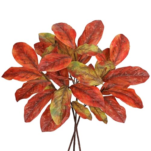 GnFlus Artificial Magnolia Fall Leaves Stem 31 inch Fake Autumn Foliage Branches Leaf for Home Kitchen Farmhouse Vase Thanksgiving Table Centerpieces Party Decor Orange - color: Magnolia-orange