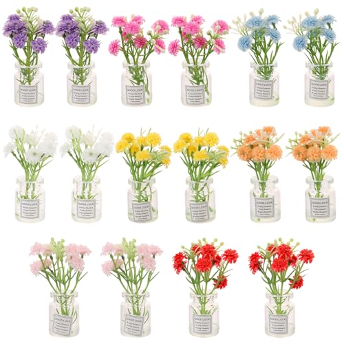 16pcs Mini Flowers Vase Bouquet Potted Plants Tiny Fairy Garden Dollhouse Floral Accessories Kits Glowing Flower Vase Figurines Set Fake Plant Pots Car Cake Landscape Desktop Ornament Decor