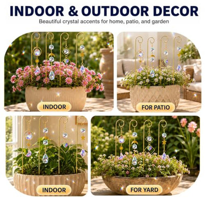 4 Pcs Small Trellis for Potted Plants Indoor with Crystal Sun Catcher Pendant, Metal Plant Stake for Mini Potted Plant Decoration for Home Window Garden