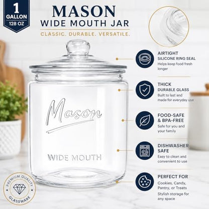 1 Gallon Mason Glass Jar with Lid – Wide Mouth Glass Storage Jar with Airtight Lid, Kitchen Pantry Container with Measurement Markings for Cookies, Candy, Flour Jar, Sugar & Dog Treats - size: Pack of 1