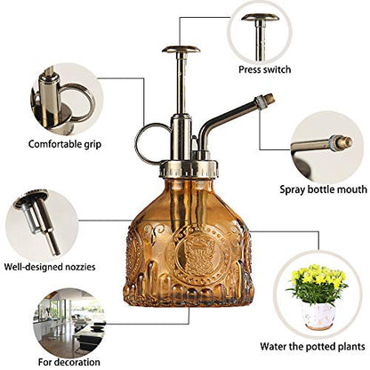 Plant Mister Glass Spray Bottle Small Plant Watering Can 6.4" Tall Retro Indoor Watering Can Bronze Plastic Top Pump for Garden Indoor Plant Sprayer (Brown) - color: Brown