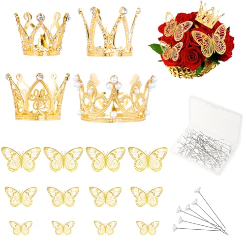 66PCS Flower Bouquet Accessories Gold, Cake Crown Topper, Mini Crowns Decoration for Birthday Wedding - color: Gold