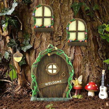 Miniature Fairy Door and Windows Garden Kit Accessories,Glow in The Dark Fairy Door Windows Yard Art Sculpture Decoration Garden Decor(Wood)
