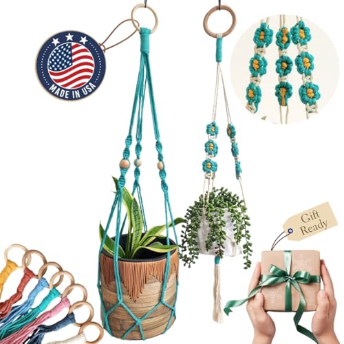 Set of 2 Macrame plant hanger with Daisies & Beads | Hanging plant holder Macrame Plant hangers outdoor and indoor hanging planters Plant stand indoor Boho Decor hanging planter stand (Ocean Teal) - color: Ocean Teal