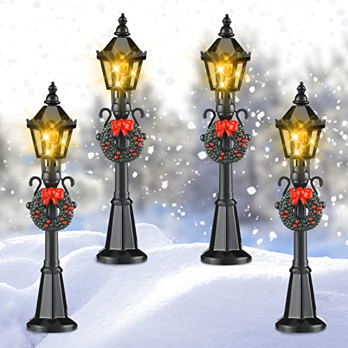 Mudder 4 Pcs Christmas Lamp Post Village Light,Classic | Vintage Lantern for Dollhouse Pathway, Train Layout, Lighted Black Design with Wreath, Fairy Garden Tabletop Accessory - color: Classic Style