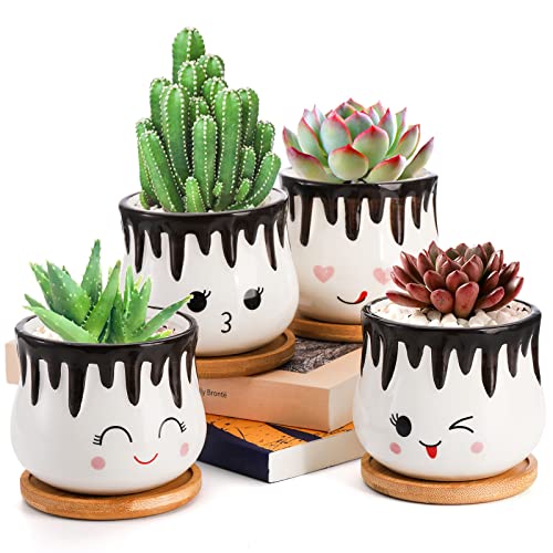 Set of 4 Succulent Pots with Bamboo Tray, 4 Inch Cute Hot Chocolate Ceramic Succulent Planter with Little Drainage Hole, Small Ceramic Plant Flower Pots for Home and Office Decoration