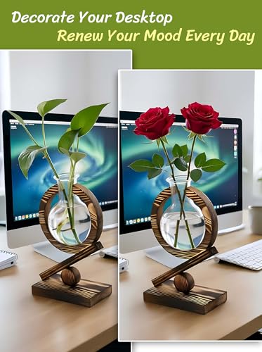 Glass Plant Propagation Station with Wooden Stand, Light Burnt Wood - color: Light Burnt Wood