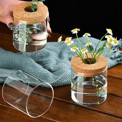 Clear Glass Planter Vase with Wooden Lid and Bamboo Stand for Hydroponic Plants, Succulents, Cut Flowers Gifts for Women Mom Plant Lovers (1, 2.55 * 3.93inch)