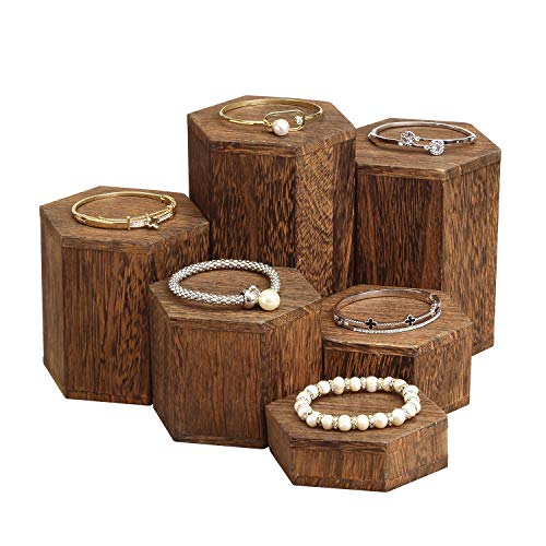 MOOCA 6-Piece Wood Hexagon Jewelry Display Stand Risers for Accessories | Wooden 6 Pcs Hexagon Risers for Display Jewelry and Accessories Display Stand, Brown - color: Brown, 6 Pieces