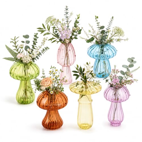 Mushroom Vase Set of 6, Colorful Glass Bud Vases for Flowers, Borosilicate Propagation Vases for Plant Cuttings, Cute Decorative Mini Vases for Home Decor