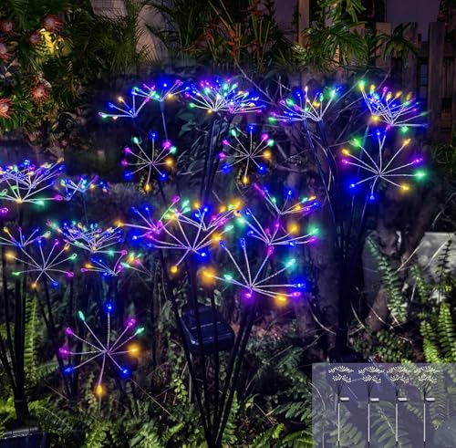 Kwaiffeo 4 Pack Solar-Powered Firework Fairy Lights, Solar Light Outdoor Waterproof Christmas & Garden Decor for Pathway/Patio/Yard - Gardening Gifts for Women (Multicolor) - color: Multicolor, size: 4pack