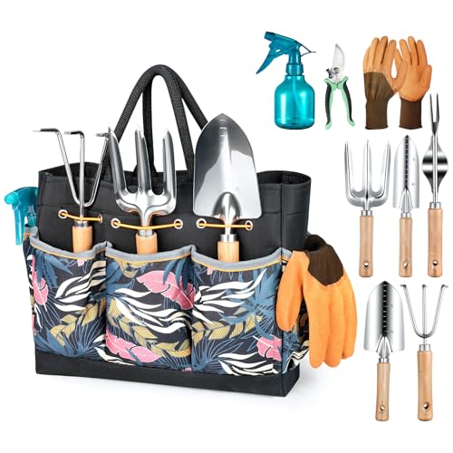 Grenebo 9-Piece Gardening Tools Set with Fashion Handbag, Black Orange - style: Black